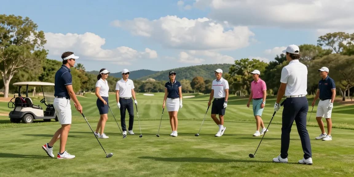 Stylish golfers showcasing 골프웨어 레플리카 on a sunny golf course with vibrant scenery.