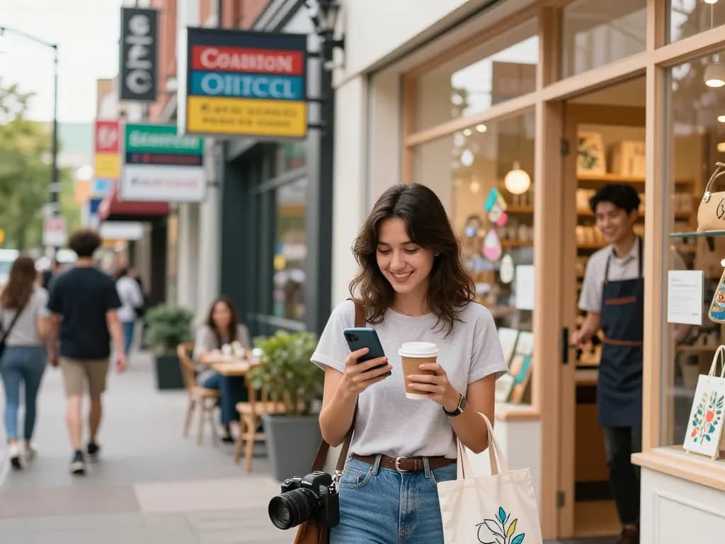Exploring urban specialty shops with a smartphone search, vibrant street scene showcasing local businesses at https://forumup.org/shop/search.php?ca_id=&addr1=&addr2=&addr3=&schKeyword=.