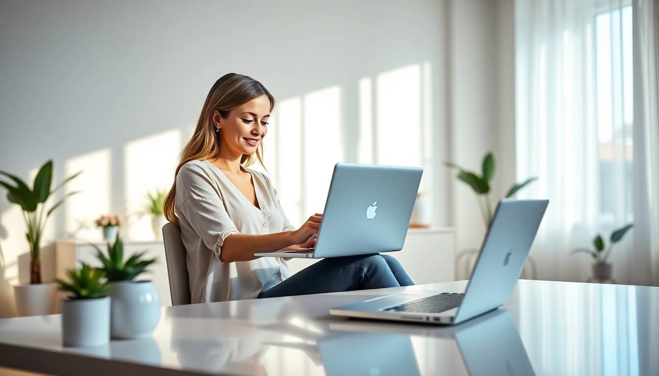 快连官网: Woman enjoying secure internet connection in a modern workspace.