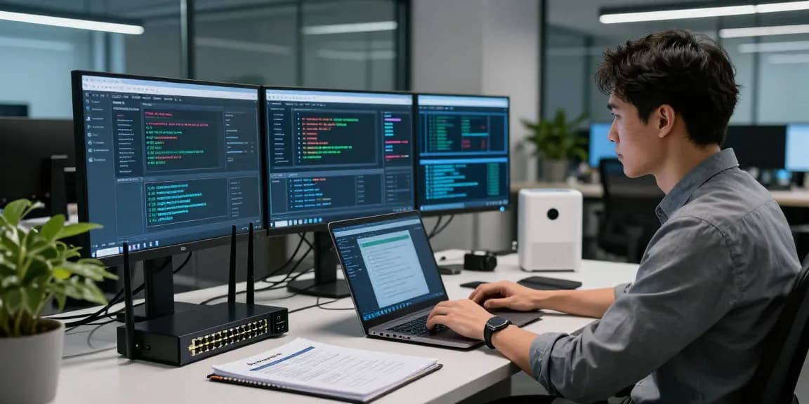 Cybersecurity expert monitoring live threats on https://shs-dome5.com/ with multiple screens in a modern office.