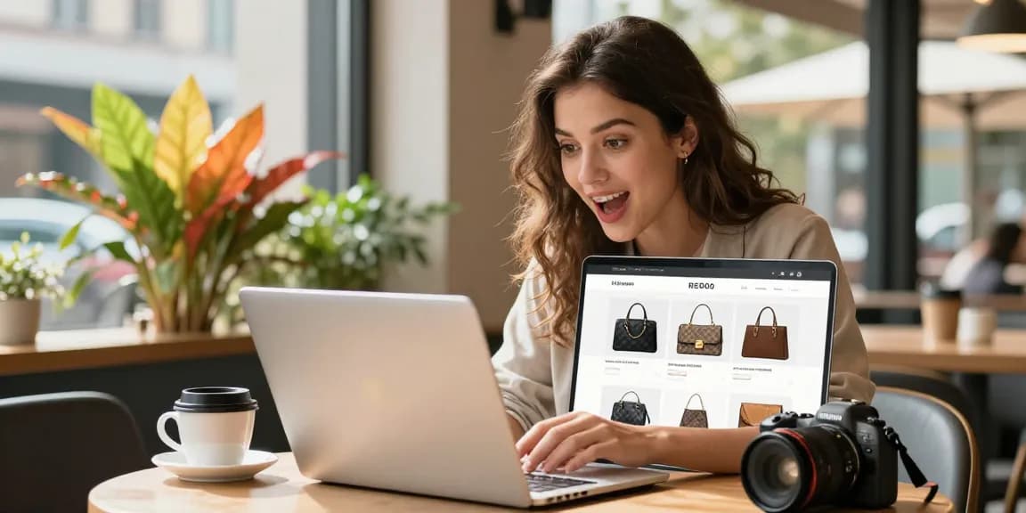 Active shopper exploring high-quality 레플리카 사이트 for luxury handbags in a café.