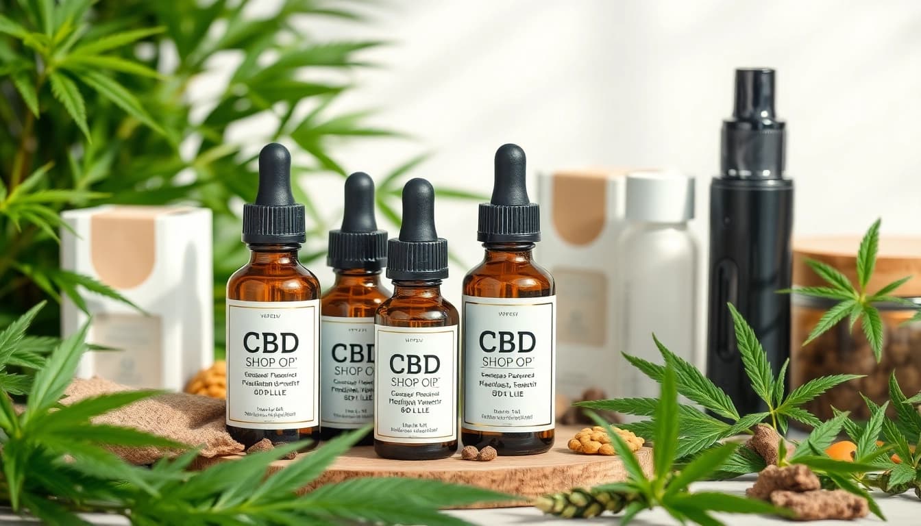 CBD shop display featuring premium CBD oil, natural wellness products, and botanical elements for a healthy lifestyle.