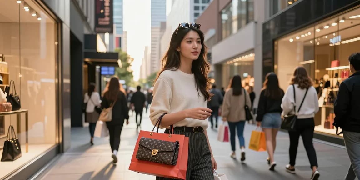 Fashionable woman showcasing 레플리카 handbag in urban shopping district.