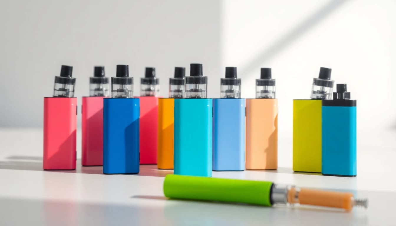Showcasing colorful disposable vapes with vibrant designs on a minimalist surface.