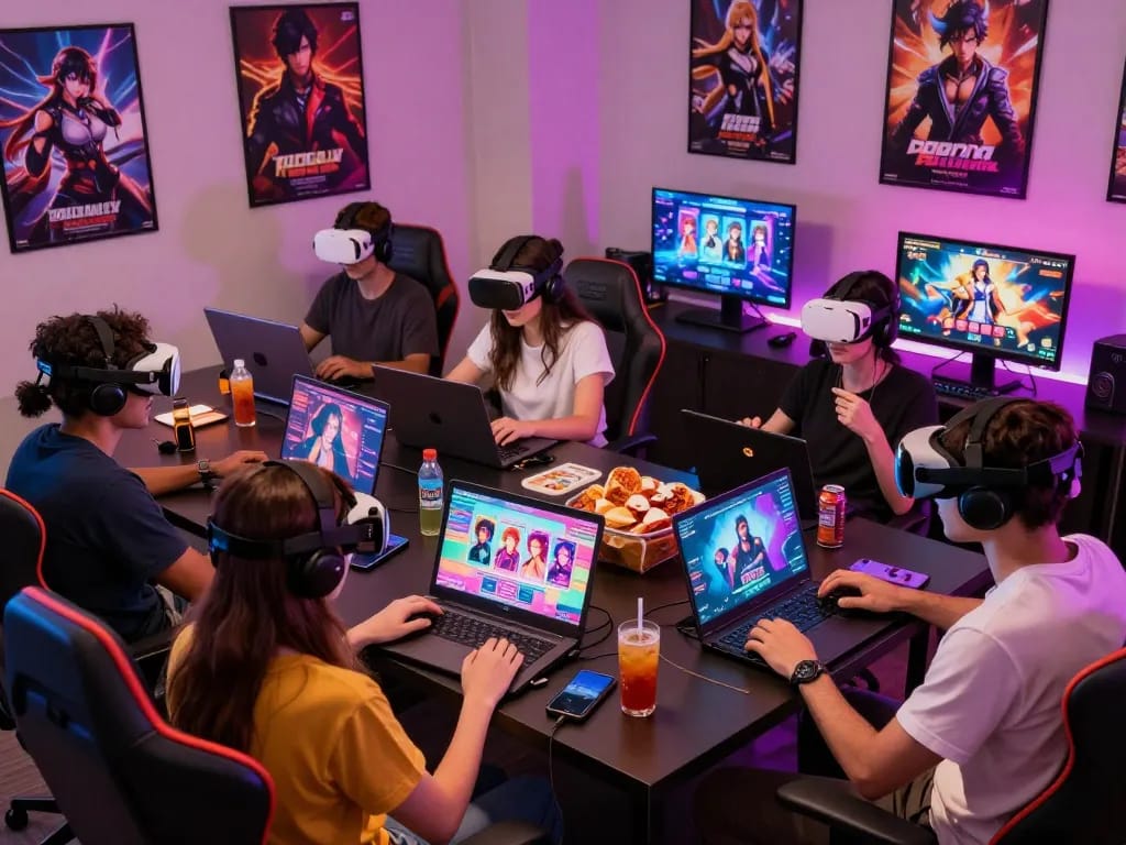 Group playing sex games online on multiple devices in a vibrant gaming setup.