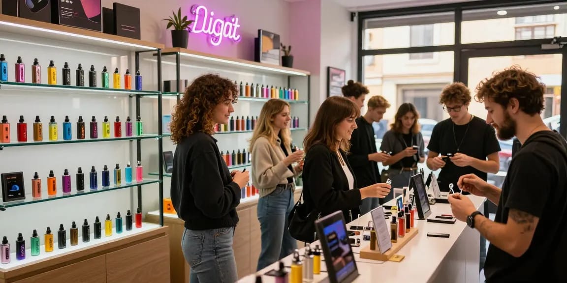 Exploring vapes Italy at a modern vape shop with a variety of devices and flavours.