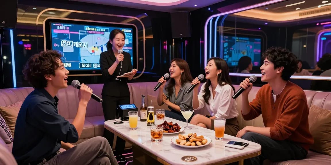Enjoying a vibrant night out at 강남 가라오케 with friends in a luxurious private room, showcasing premium drinks and a lively atmosphere.