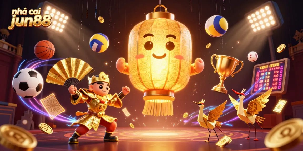 Experience exciting games in nhà cái jun88's vibrant casino atmosphere filled with glowing symbols and sports elements.