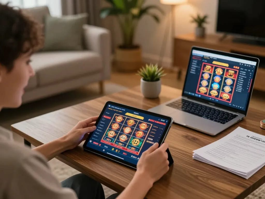 Betbet player engaging with online casino app on tablet in a cozy home setting