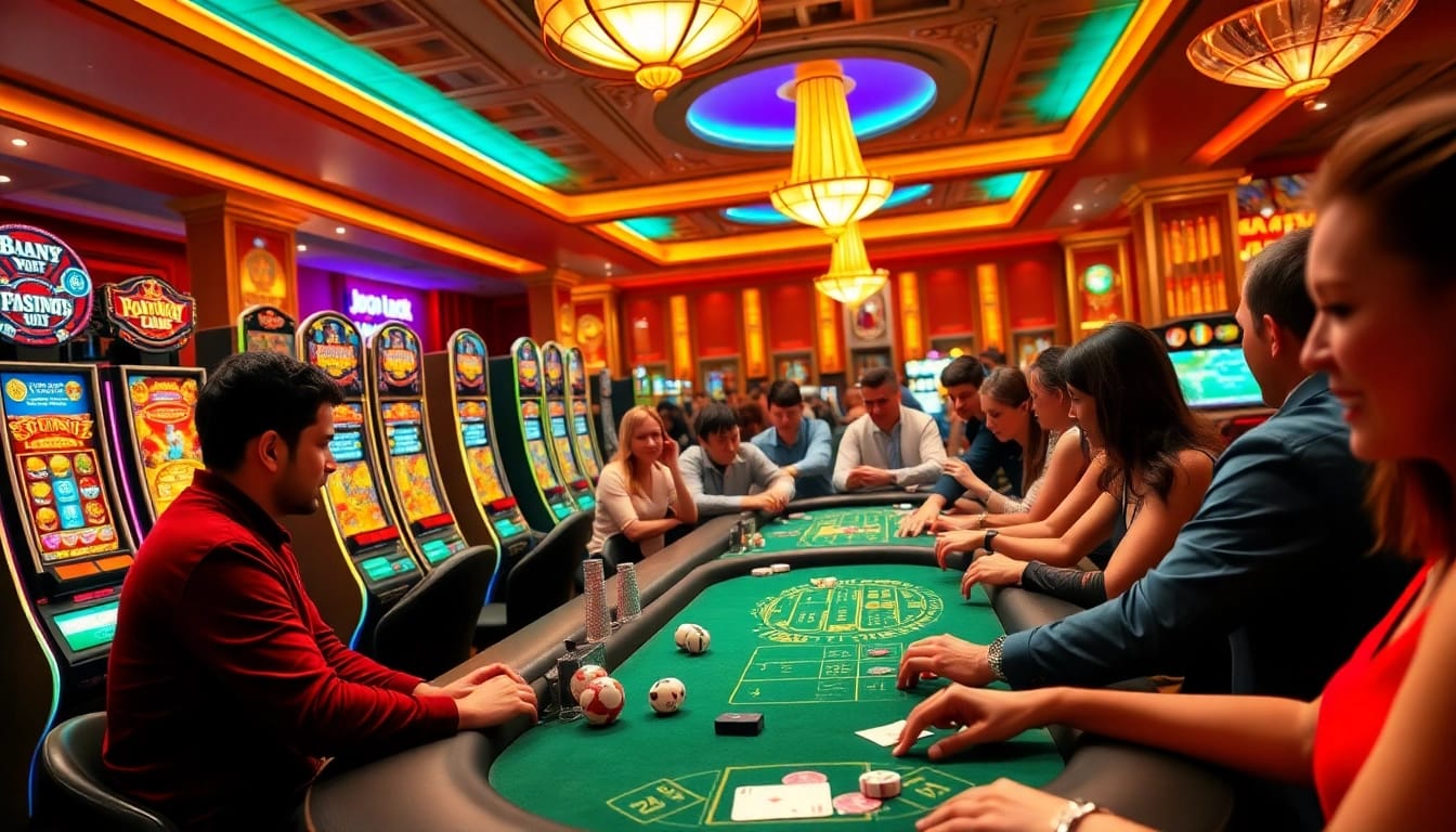 Engaging players enjoy various games at Jogoluck casino, featuring vibrant slot machines and lively tables.