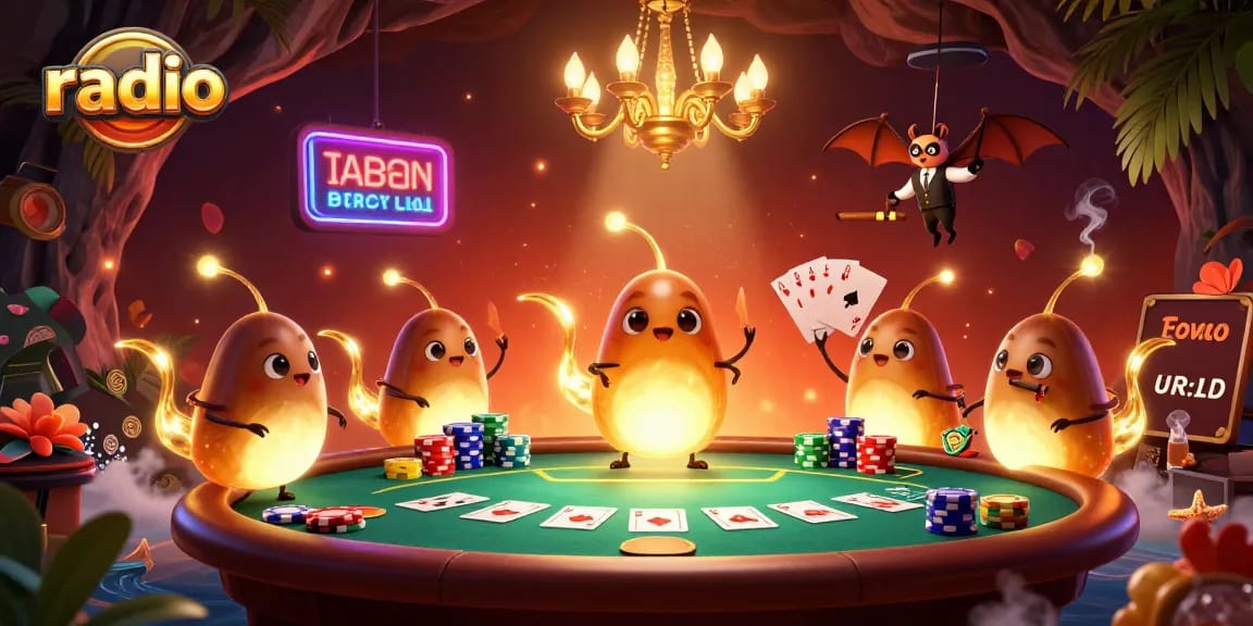 Engage with the vibrant casino atmosphere as radio-themed glowworms brighten the poker table in a dynamic scene.