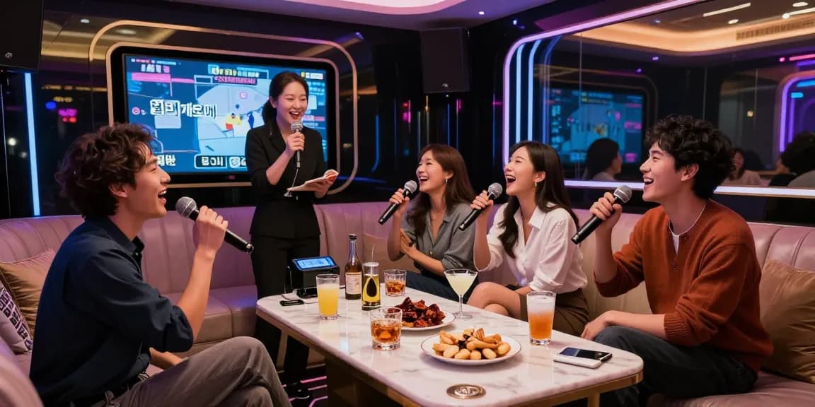 Enjoying a vibrant night out at 강남 가라오케 with friends in a luxurious private room, showcasing premium drinks and a lively atmosphere.
