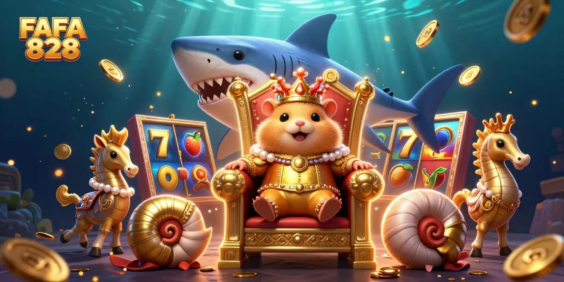 FAFA 828 spins the reels of thrill with a fierce golden hamster king and royal companions in action.
