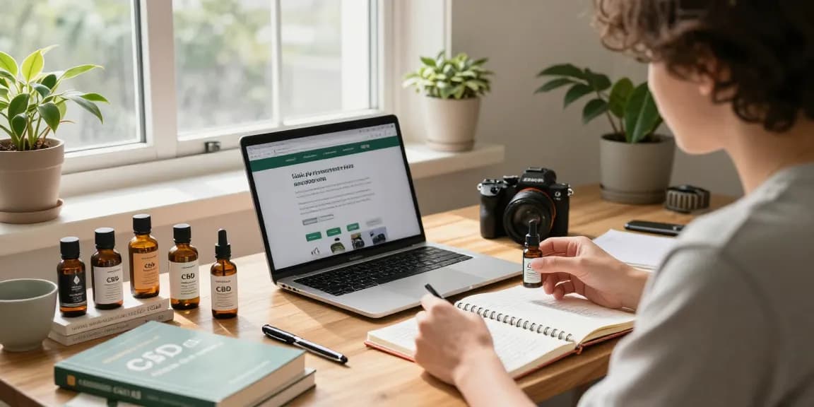 Researcher exploring options to buy CBD oil Canada in a cozy home office.