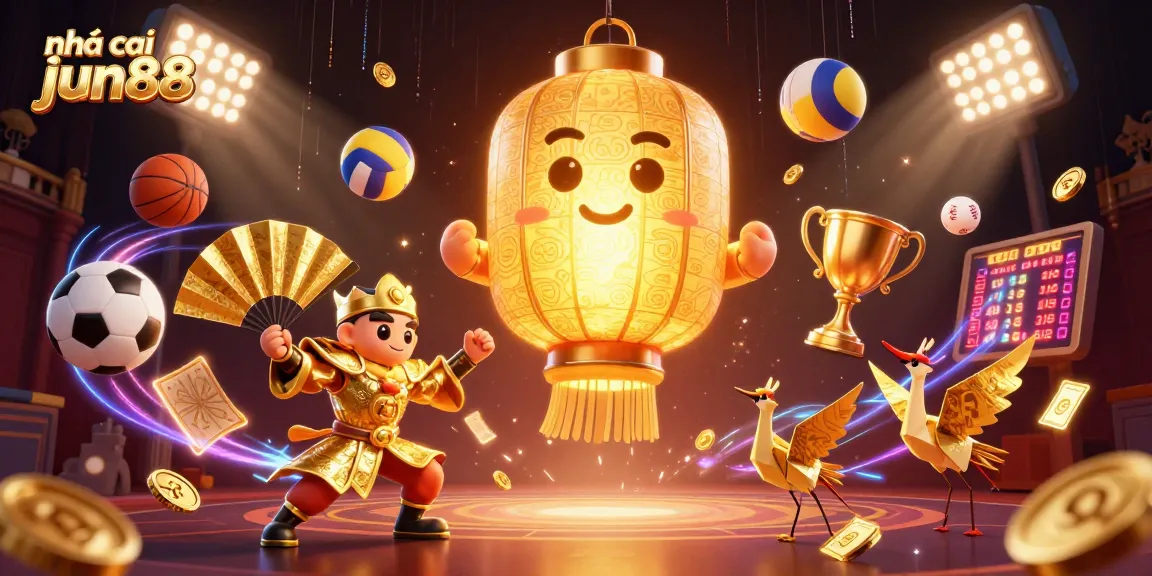 Experience exciting games in nhà cái jun88's vibrant casino atmosphere filled with glowing symbols and sports elements.