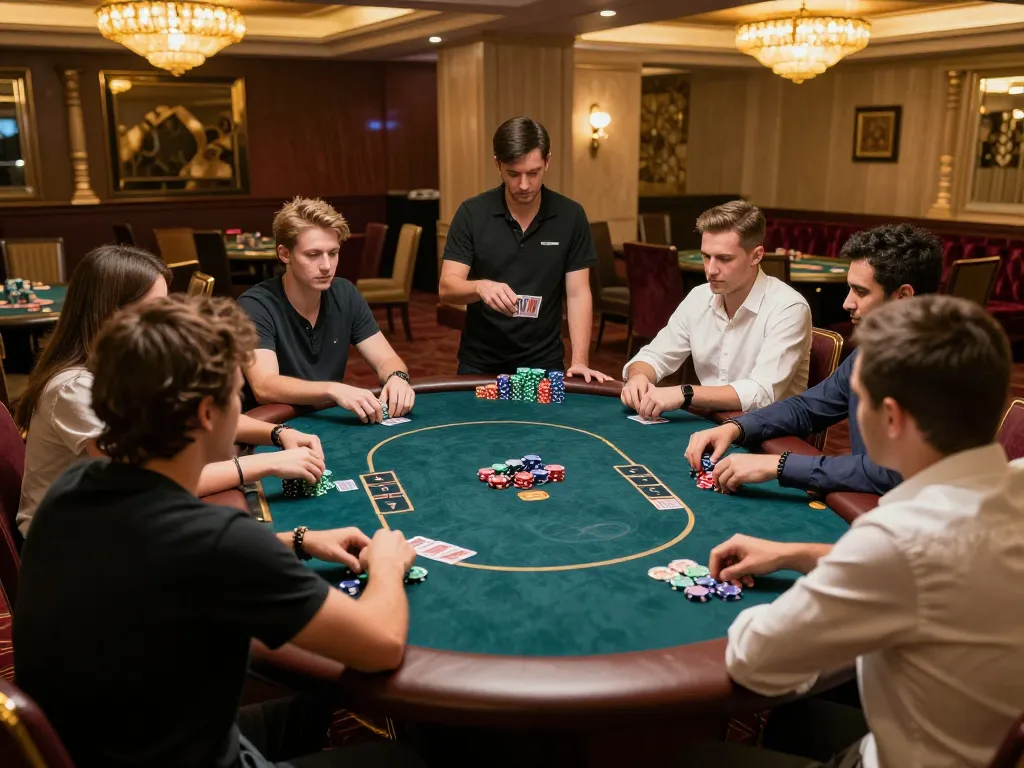 Players strategically bet at 32win's poker tables in an upscale casino, showcasing exciting gameplay.