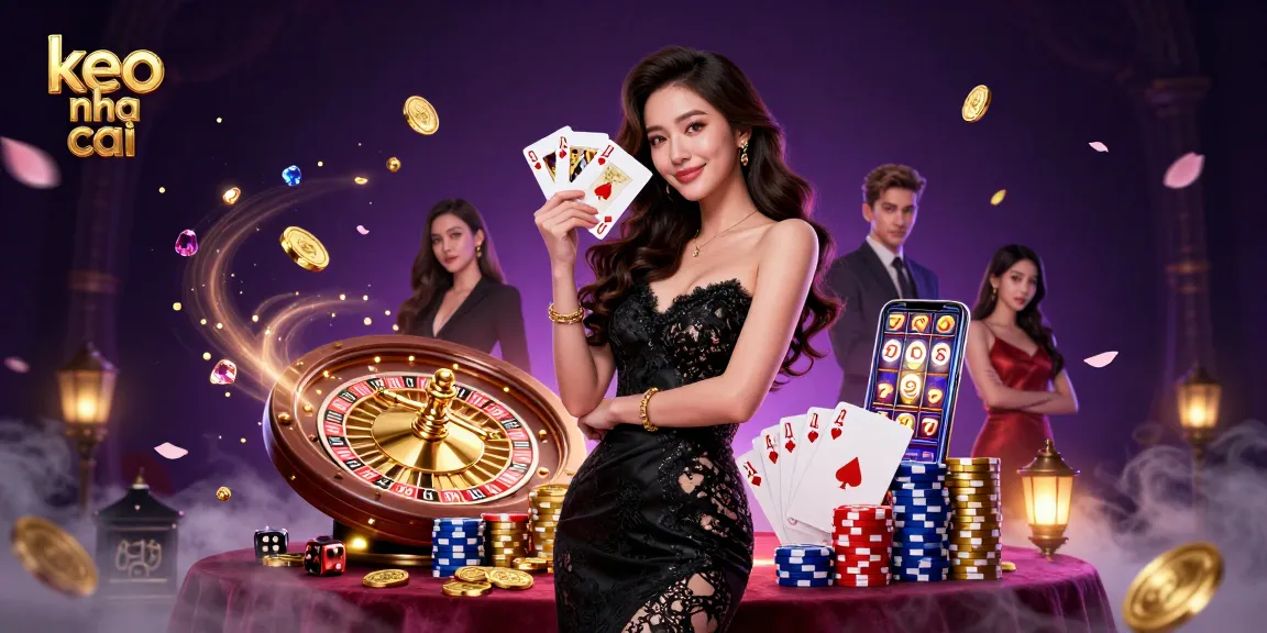 Engage in captivating keo nha cai gaming with a stylish Asian woman showcasing playing cards in a vibrant casino atmosphere.