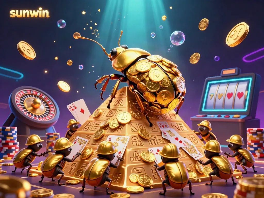 Experience the excitement of sunwin with a golden beetle rolling coins in a vibrant casino landscape.