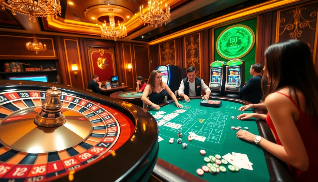 Exciting gameplay scene of game vip66 with players at roulette and blackjack tables in a luxurious casino.