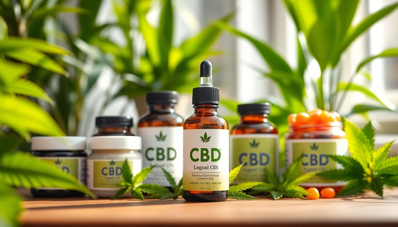 Showcase of Legal CBD products including oils and creams in a serene, natural setting.