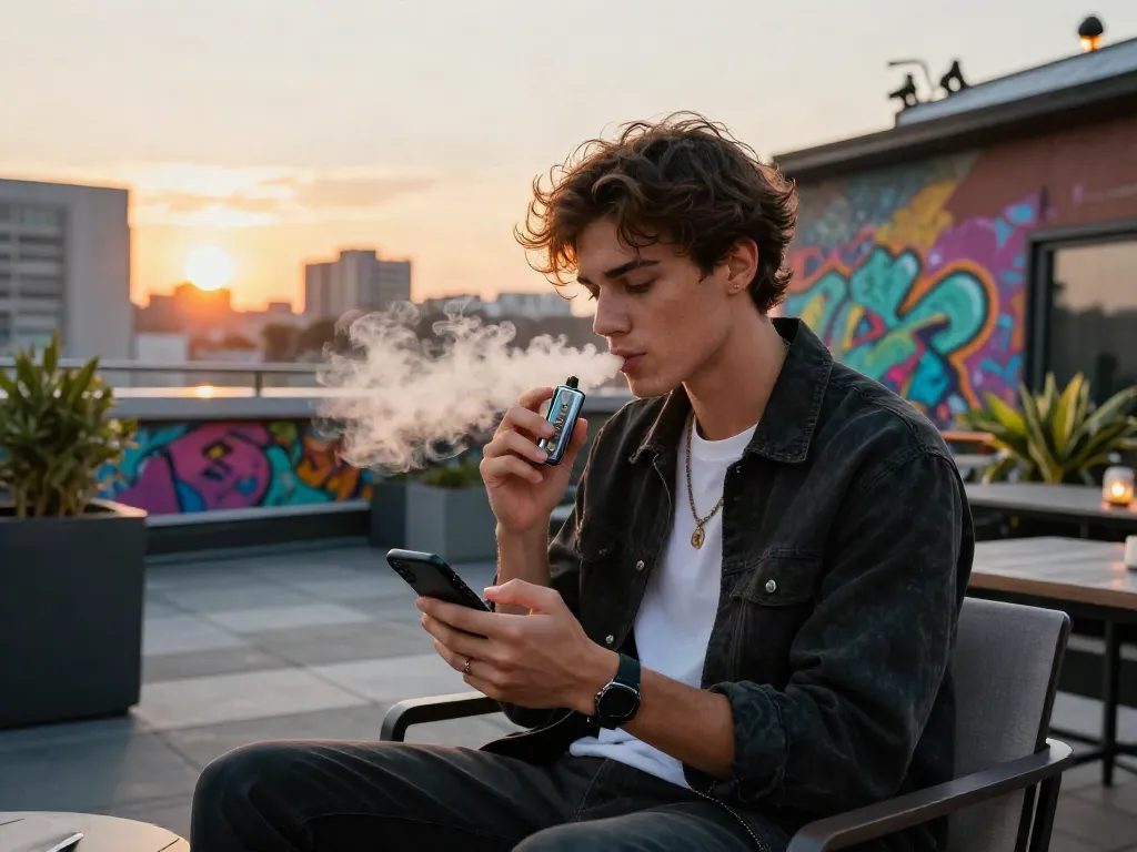 A young adult enjoying Hitz infinity Gen 7 vape at a stylish rooftop terrace.