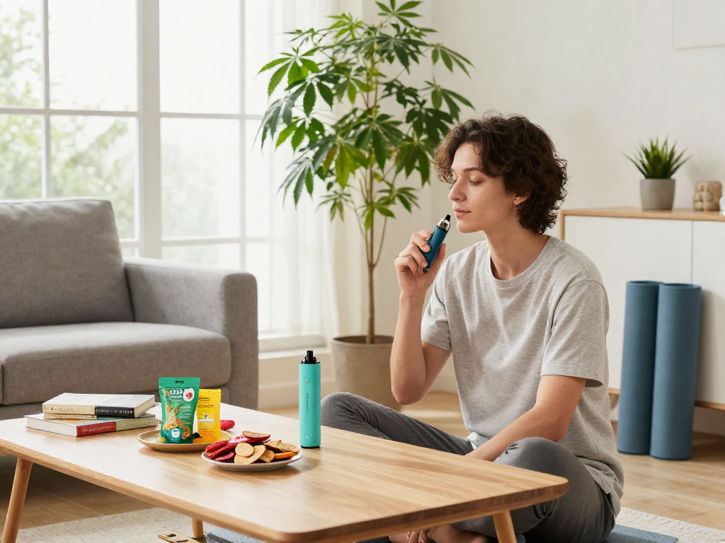 Experience natural wellness with a packman vape and CBD-infused products in a bright, cozy living space.