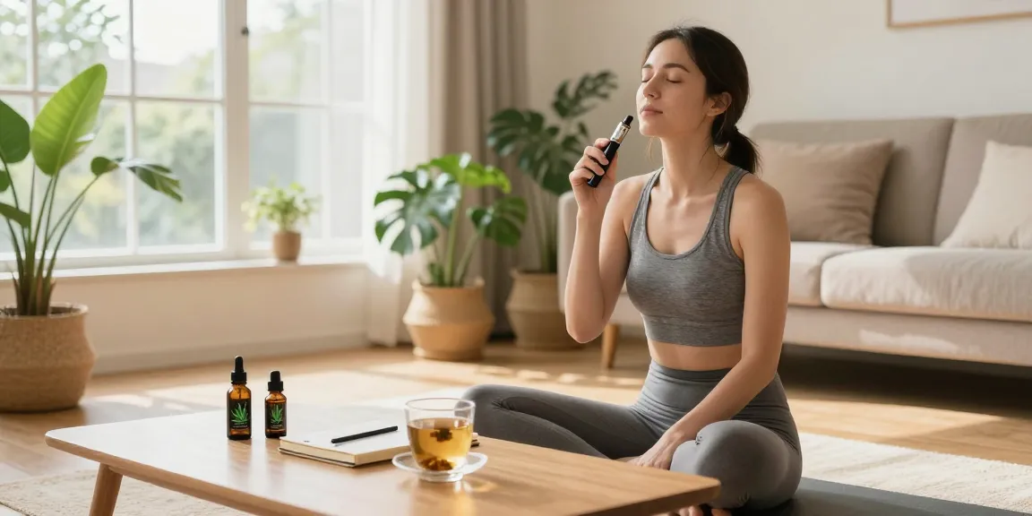 Vape weed lifestyle scene with wellness products including hemp extract, a vape device, and herbal tea in a serene home setting