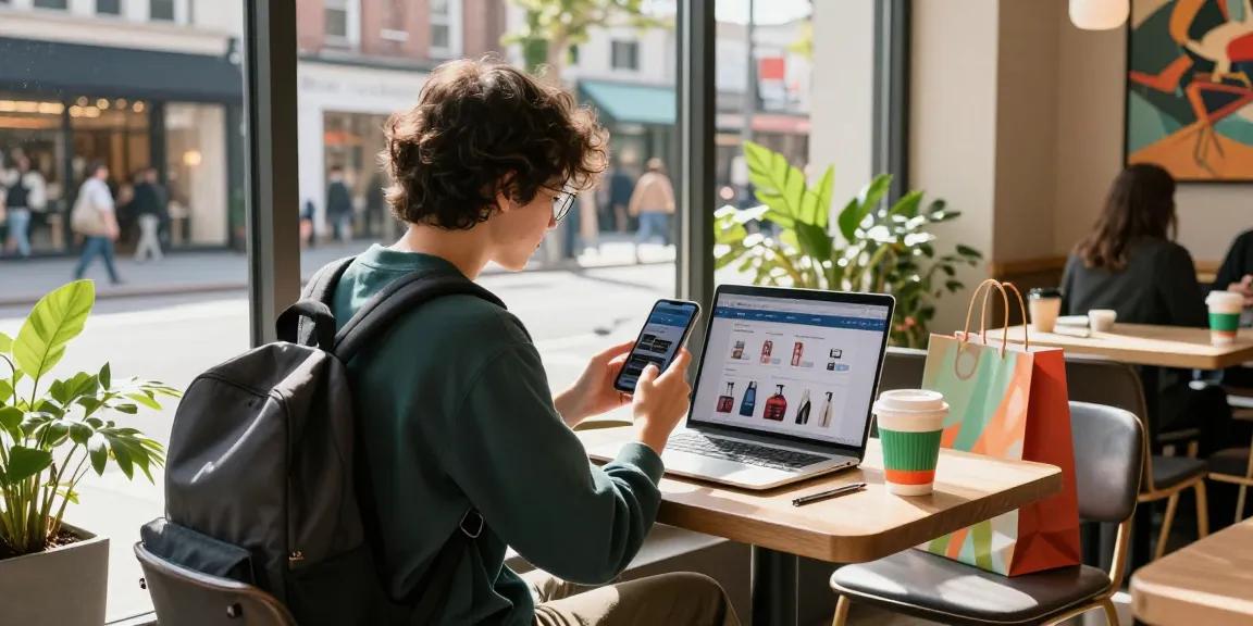 Engaging urban shopping experience on smartphone at cafe with https://forumup.org/shop/search.php?ca_id=&addr1=&addr2=&addr3=&schKeyword= visible, capturing the trendy retail atmosphere.