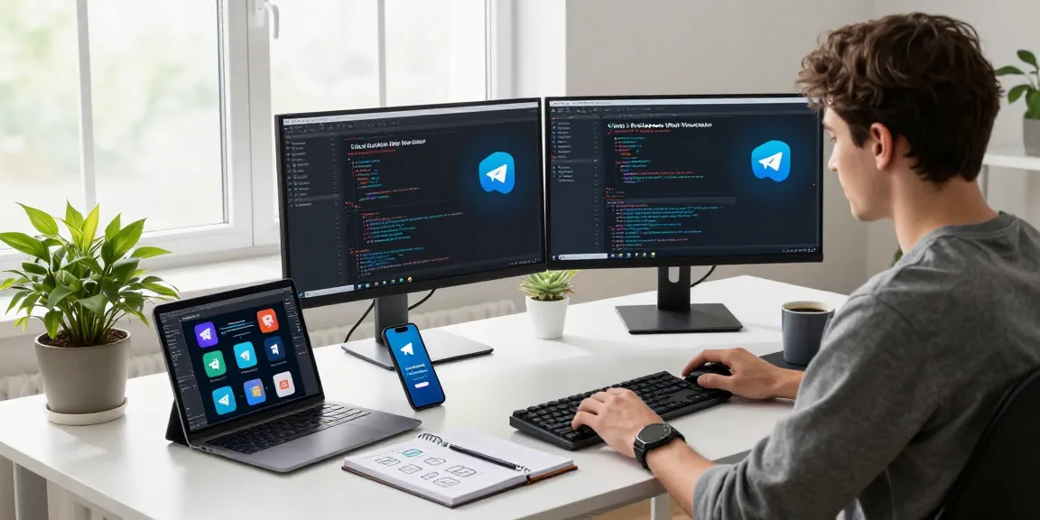 Young developer analyzing the Telegram Web Version in a modern workspace, showcasing productivity tools.