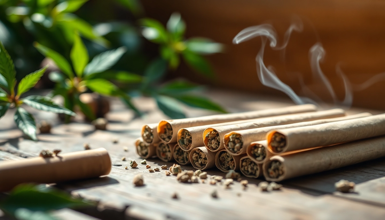 Handcrafted pre rolled thc joints arranged aesthetically on a wooden surface with natural herbs.