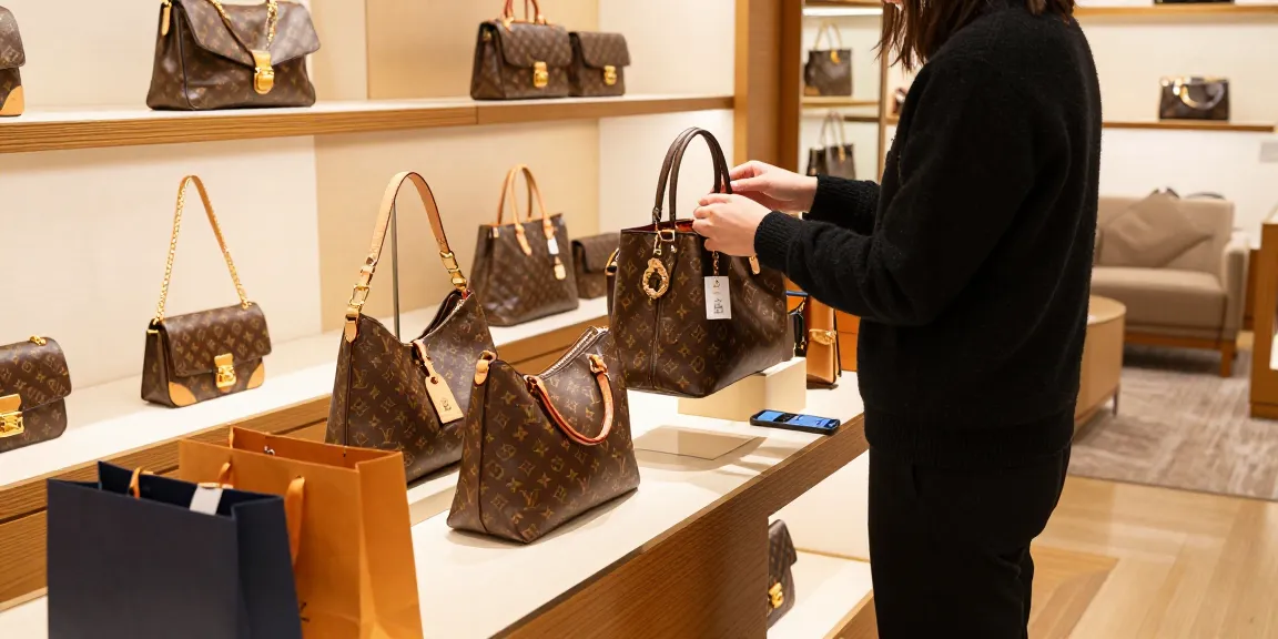 Stylish shopper exploring a selection of 레플리카 handbags in a premium retail store.