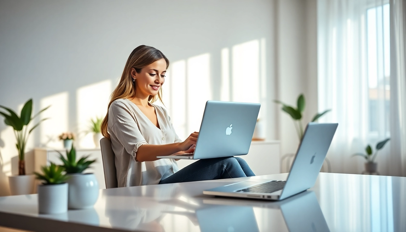 快连官网: Woman enjoying secure internet connection in a modern workspace.