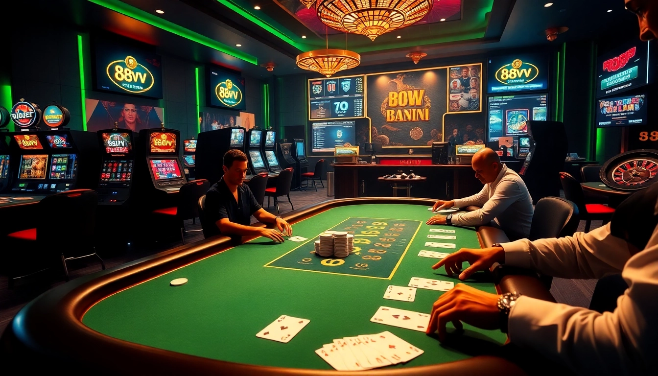 Players engaging in an exciting poker game at 88vv, surrounded by casino elements like chips and cards.