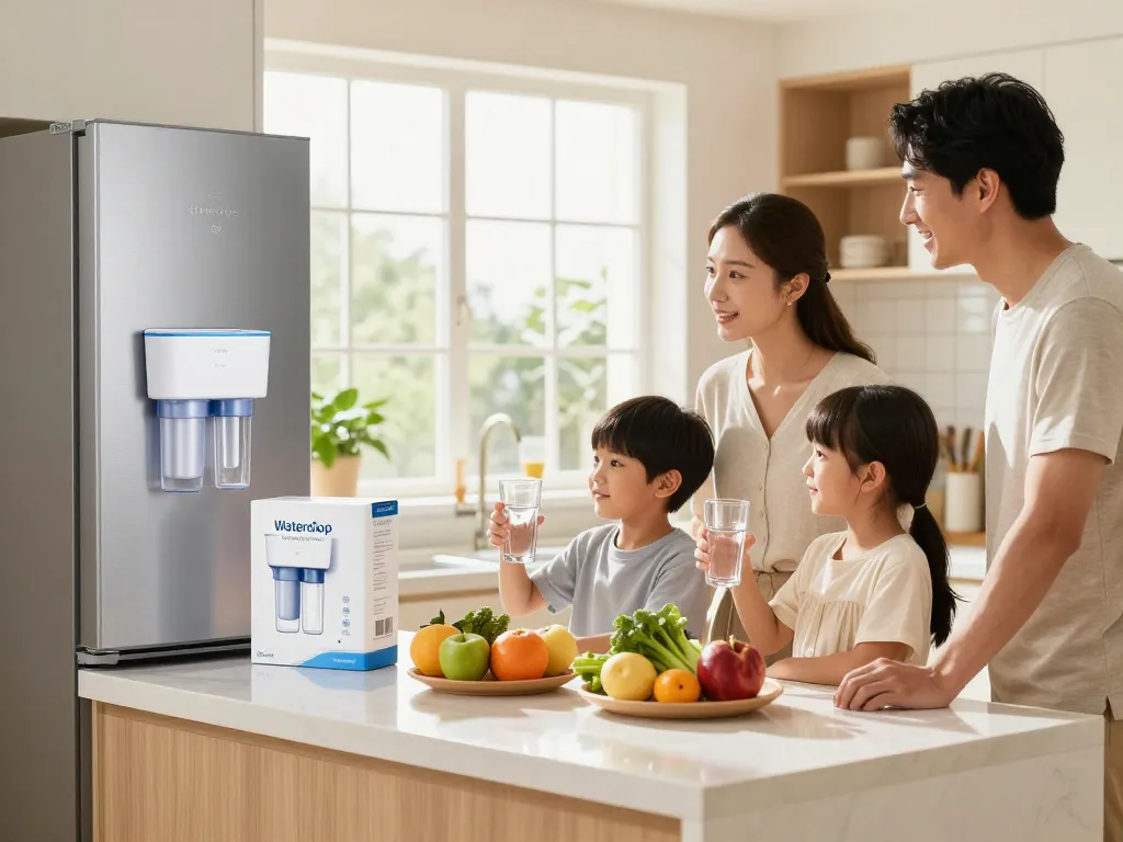 Family enjoying clean water from the Waterdrop LT1000PC ADQ747935 MDJ64844601 Refrigerator Water Filter in a bright kitchen.