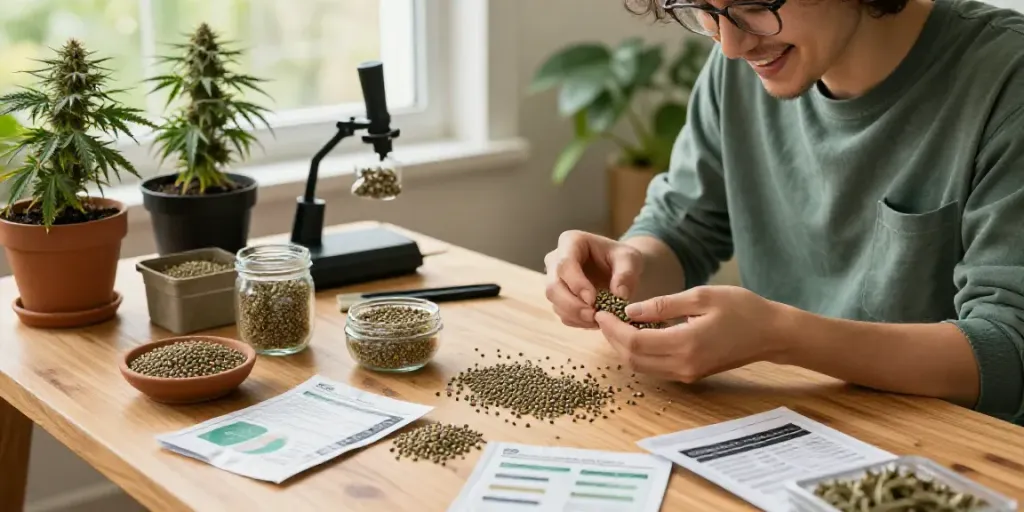 Cannabissamen kaufen: Enthusiastic gardener examining cannabis seeds in a bright indoor space.