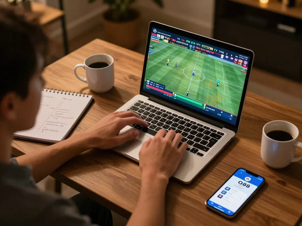 Player strategizing on QQ 88 sports betting site using laptop and smartphone in cozy workspace.