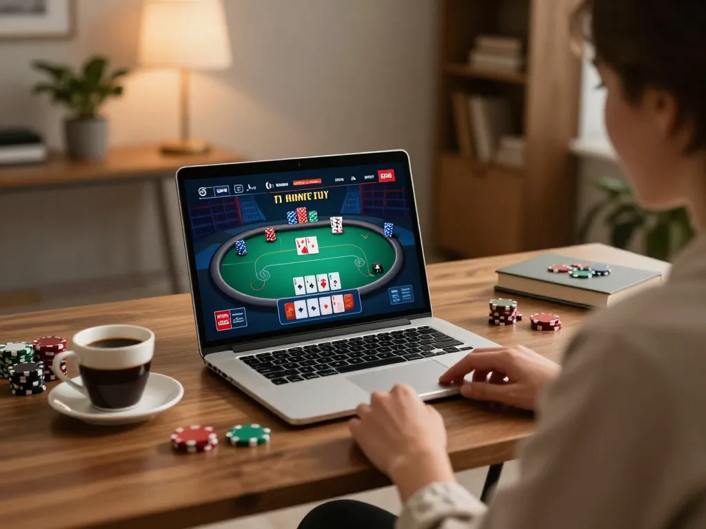 Engaging in online poker at home using bags168 on a cozy desk with warm lighting.