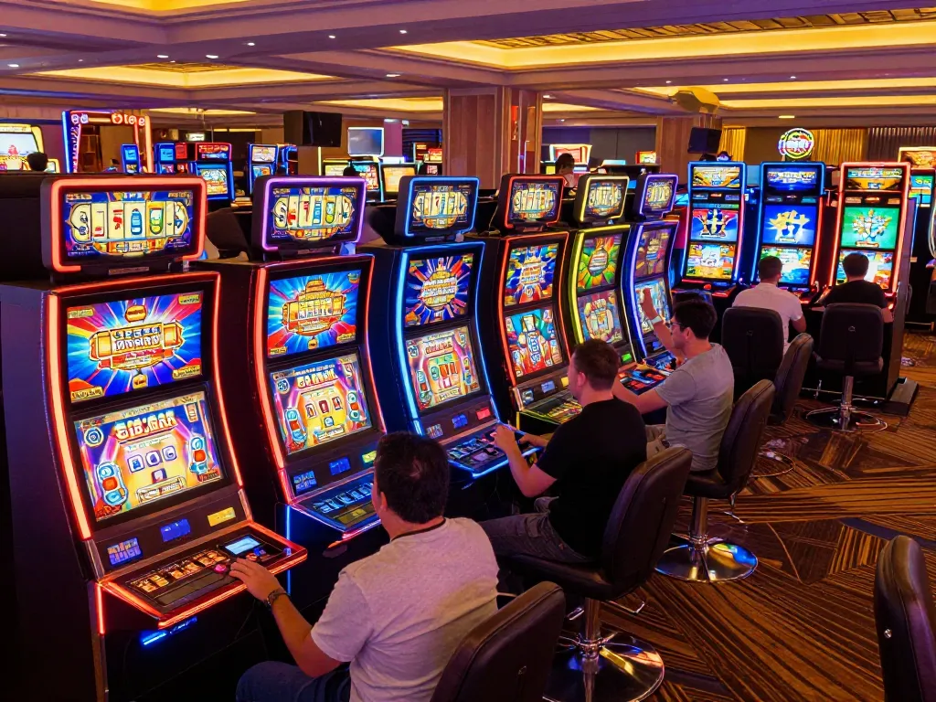 Players enjoying dynamic gaming on slot gaco machines in a lively casino environment