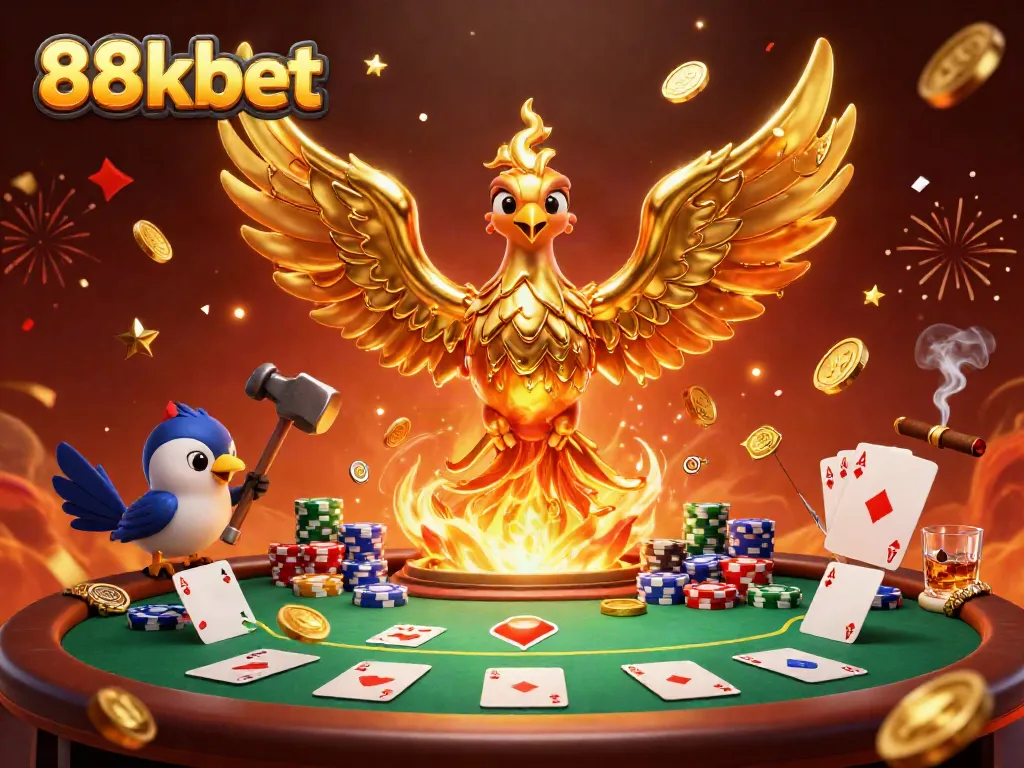 Experience the thrill of the 88kbet with a golden phoenix symbolizing fortune at a lively poker table.