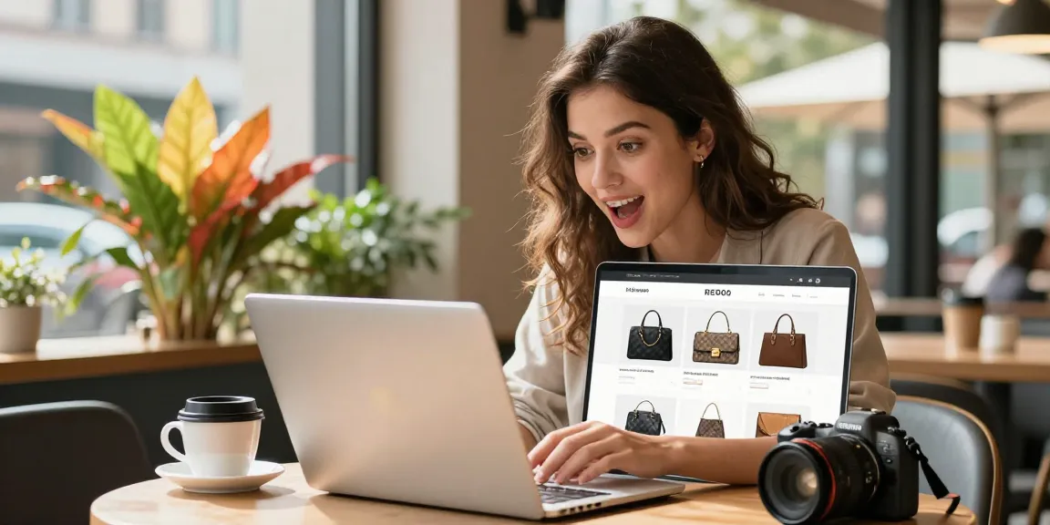 Active shopper exploring high-quality 레플리카 사이트 for luxury handbags in a café.