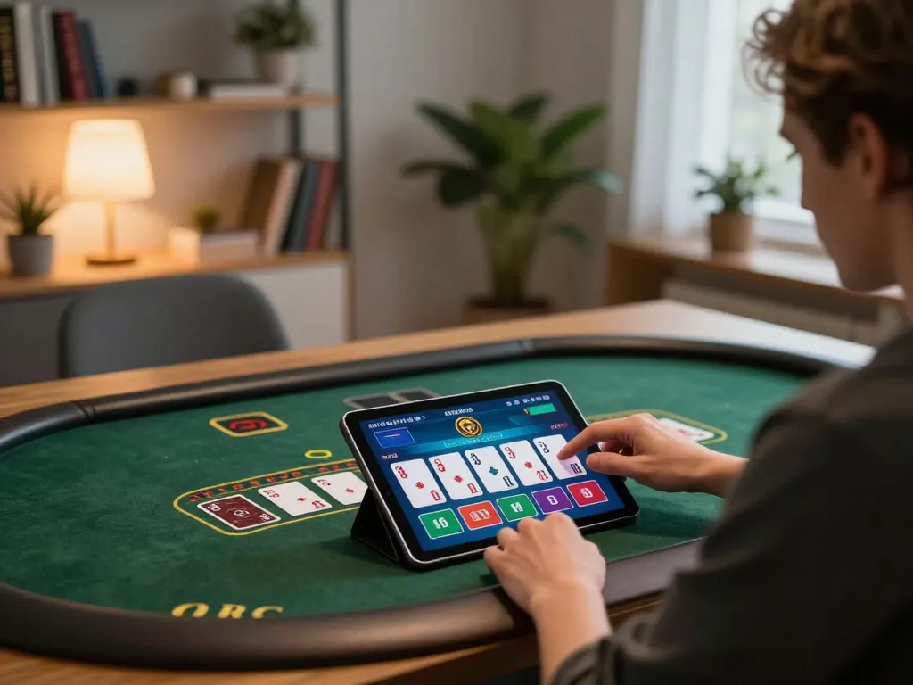 Engaging in online blackjack at home, showcasing go8 virtual gameplay strategy and excitement.