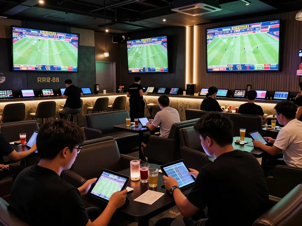 Engaging sports bettors analyzing odds and placing wagers at RR88's modern lounge.