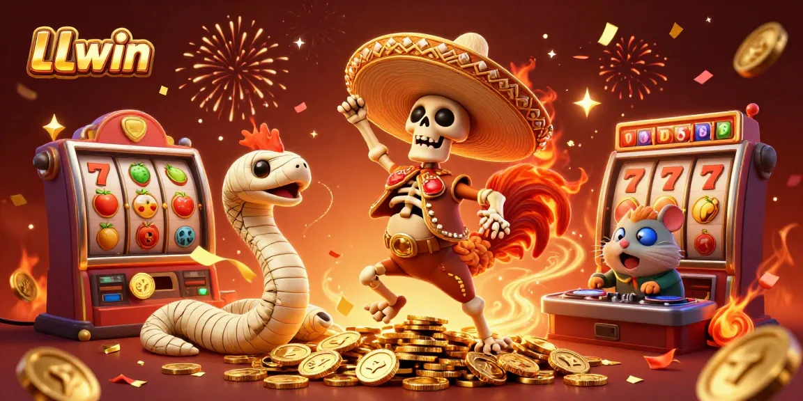 LLwin celebrates with a vibrant 3D illustration of a skeleton mariachi rooster dancing on coins amidst slot machine reels.