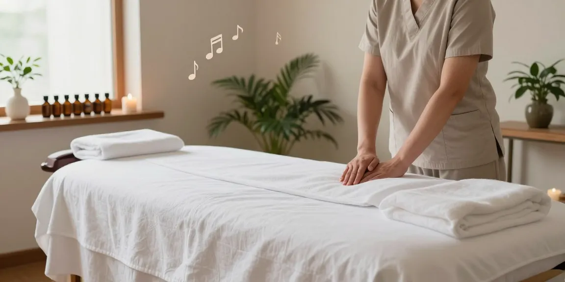 Enjoying a soothing 구로마사지 in a tranquil spa setting with calming candles and essential oils.