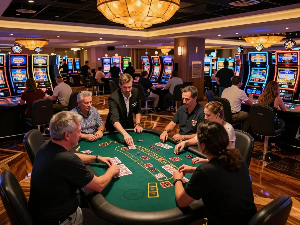 Players enjoying strategic gameplay at the thriving trang chủ o8 casino, with a dealer dealing cards at the blackjack table.