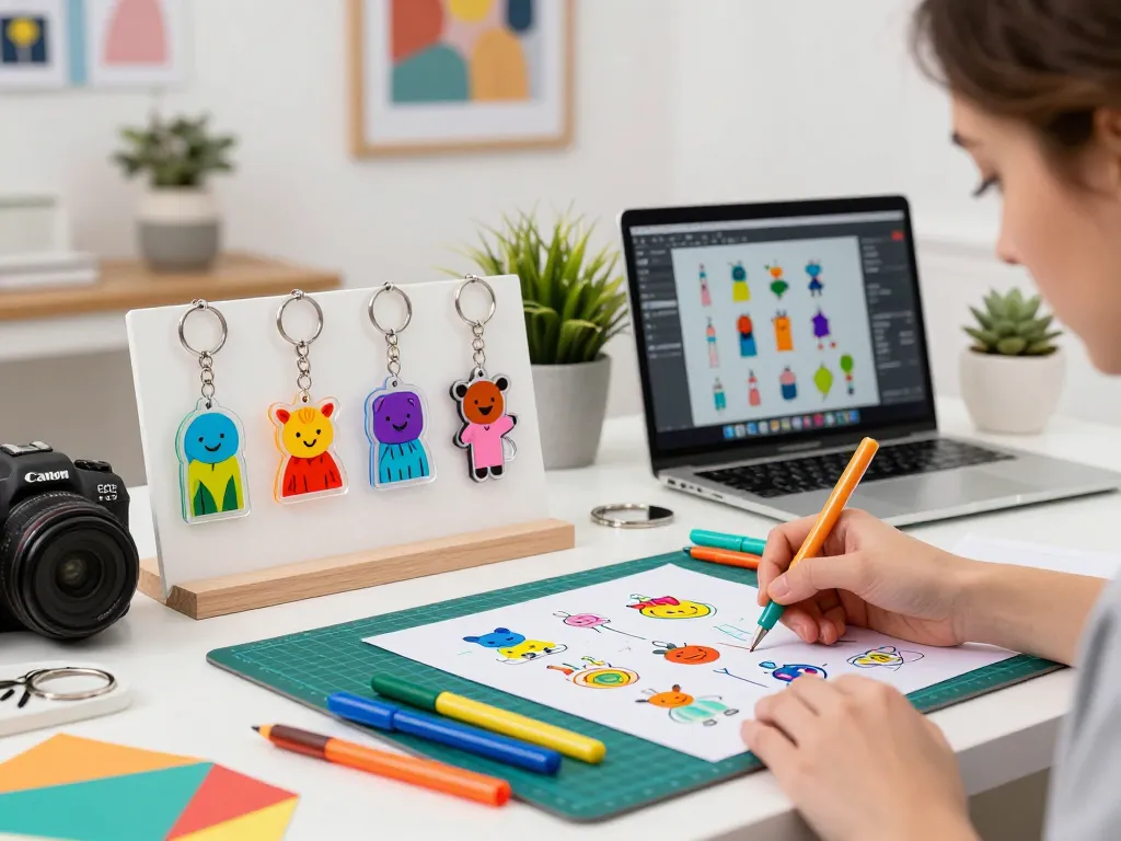Eye-catching display of keychain custom designs in a vibrant workspace, showcasing creativity and artistry.