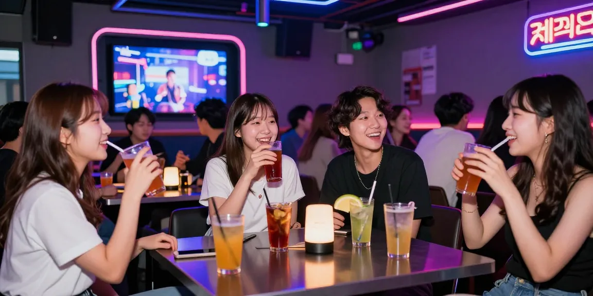 Vibrant 제주유흥 nightlife with diverse group enjoying drinks and karaoke in lively venue