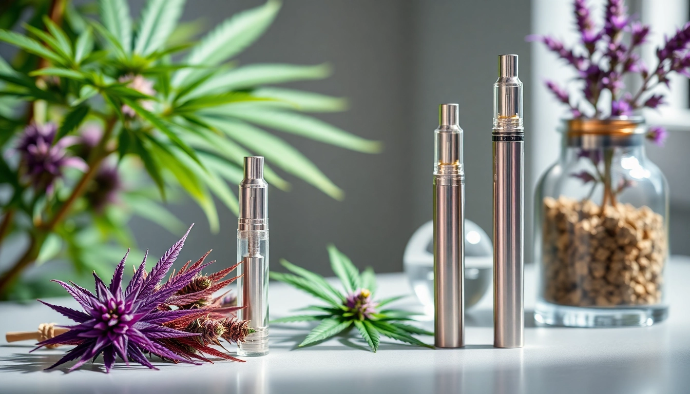 Experience a high-quality Cannabis Vape setup with sleek pens and aromatic herbs.