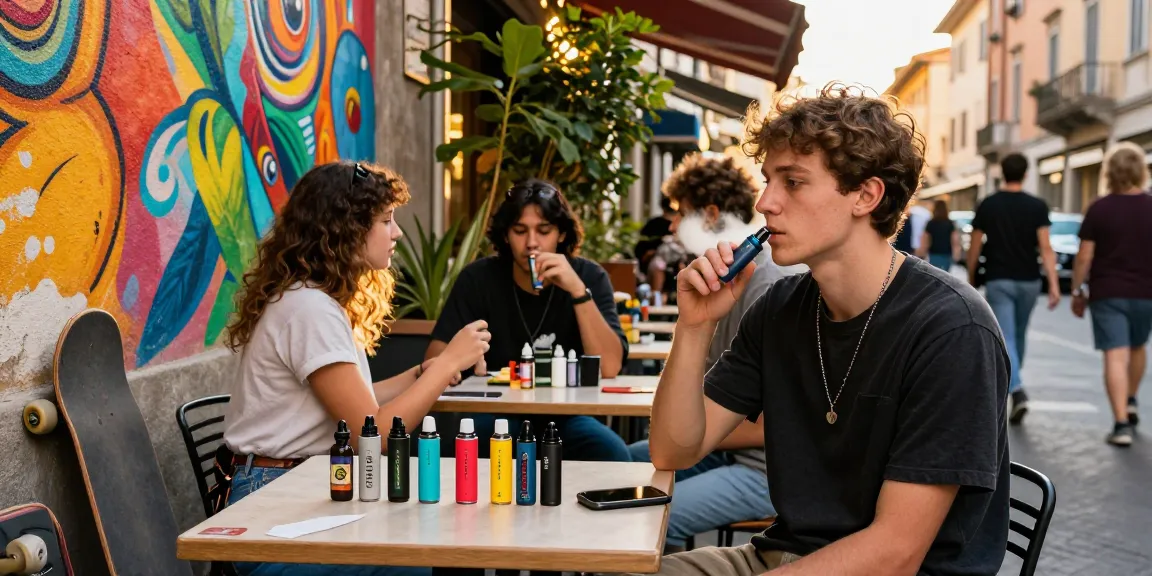 Vapes Italien: Entspannen mit verschiedenen THC Vape-Produkten in einem lebhaften Café.