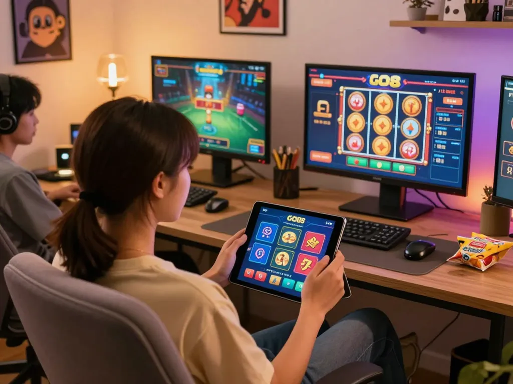 Engage in exciting gameplay on the GO8s app in a cozy home office setting, showcasing dynamic online gambling.
